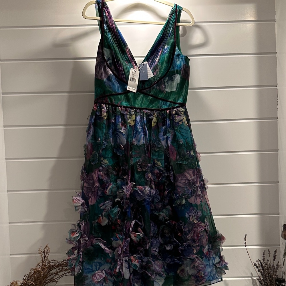Marchesa notte Dress in Purple and Green Floral 3D floral appliqué
